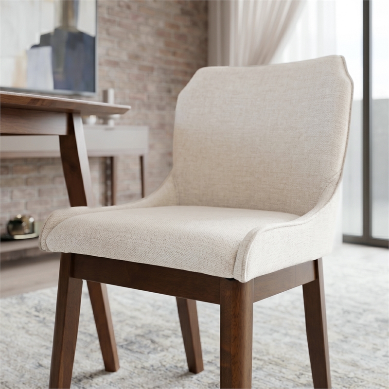 Mariela Mid Century Linen Fabric Dining Room & Kitchen Chair in Cream (Set of 2)