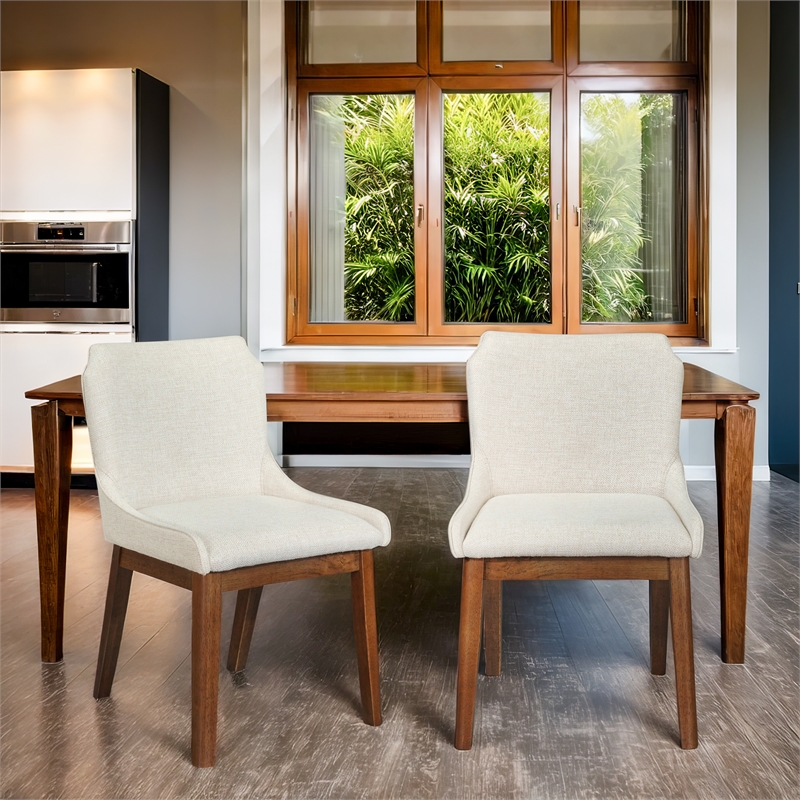 Mariela Mid Century Linen Fabric Dining Room & Kitchen Chair in Cream (Set of 2)