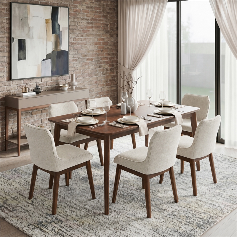 Mariela Mid Century Linen Fabric Dining Room & Kitchen Chair in Cream (Set of 2)