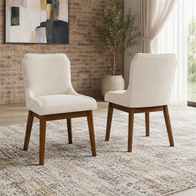 Mariela Mid Century Linen Fabric Dining Room & Kitchen Chair in Cream (Set of 2)