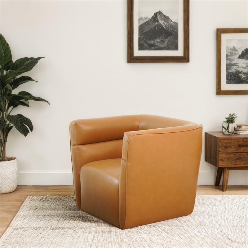 Aileen Mid-Century Modern Leather Upholstered Swivel Chair in Tan