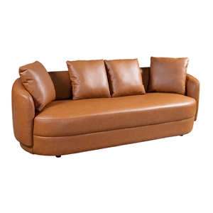 Perten Japandi Style Mid-Century Modern Living Room Leather Sofa in Cognac Tan