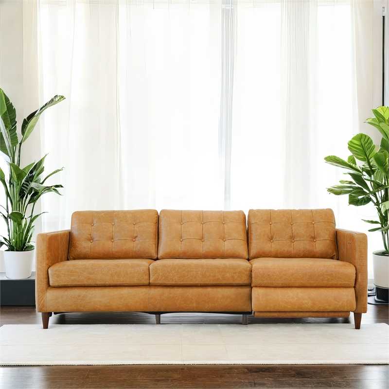 Ludwig Mid Century Genuine Leather Right-Facing Power Inclining Sofa in Tan