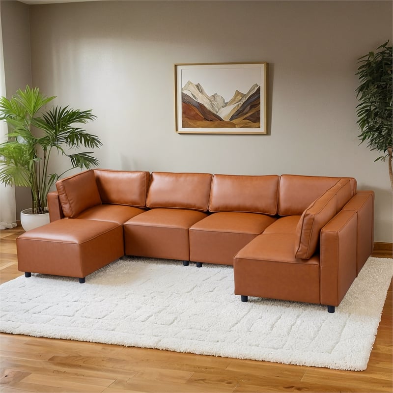 Randy Mid Century Modern Modular Cognac Tan Leather Comfy Sectional Sofa