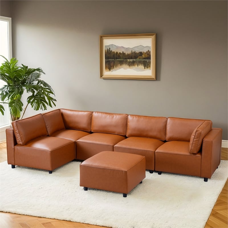 Randy Mid Century Modern Modular Cognac Tan Leather Comfy Sectional Sofa