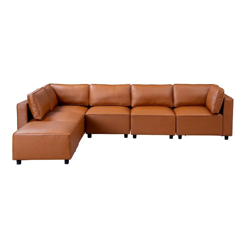 Randy Mid Century Modern Modular Cognac Tan Leather Comfy Sectional Sofa