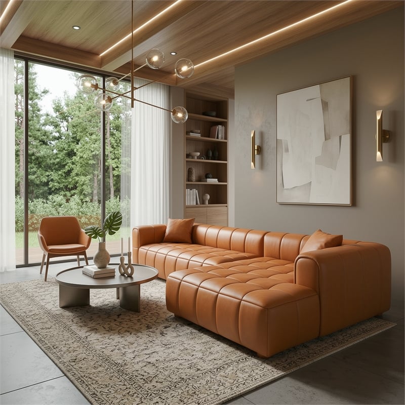 Adelyn Modern Living Room Faux Leather Corner Sectional Sofa in Cognac Tan