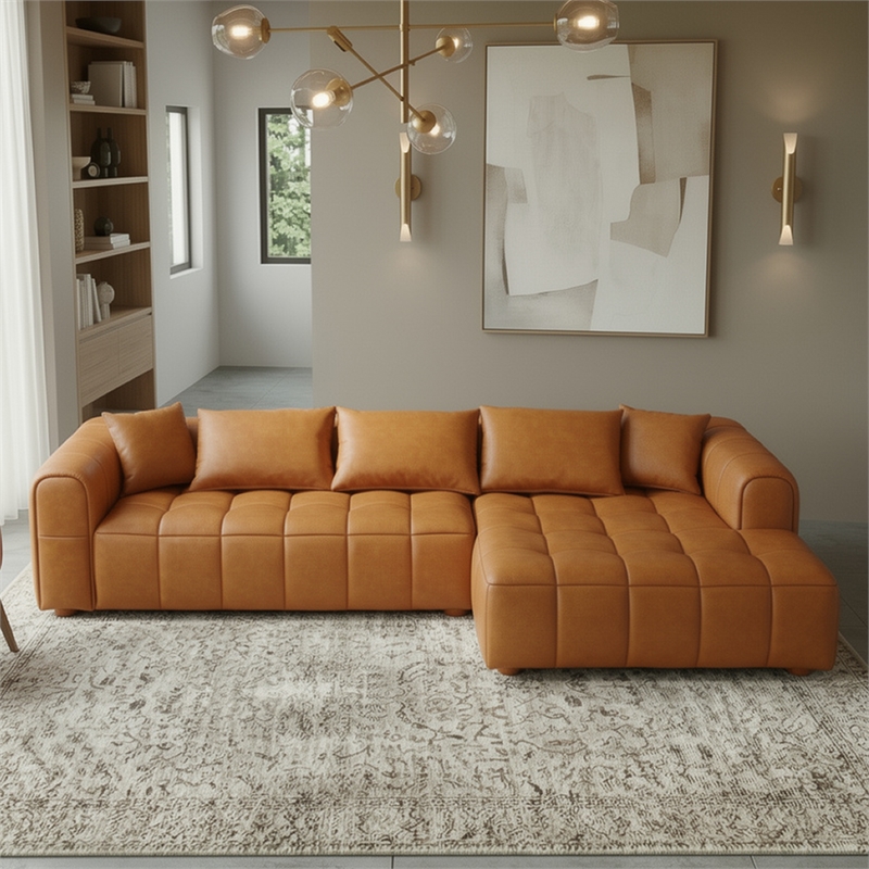 Adelyn Modern Living Room Faux Leather Corner Sectional Sofa in Cognac Tan