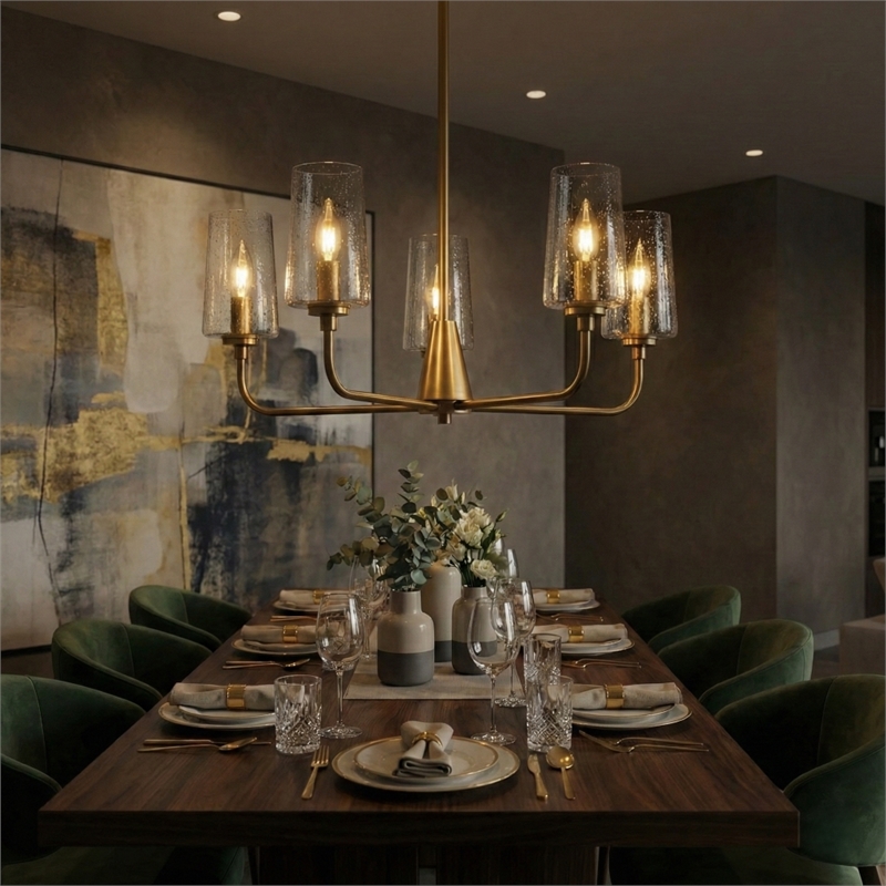 Moderna 5-Light Satin Brass Metal Chandelier with Seeded Glass Shades