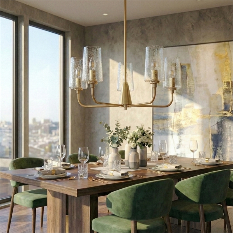 Moderna 5-Light Satin Brass Metal Chandelier with Seeded Glass Shades