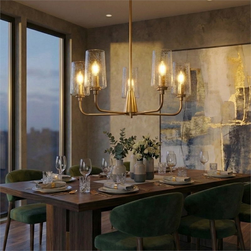 Moderna 5-Light Satin Brass Metal Chandelier with Seeded Glass Shades