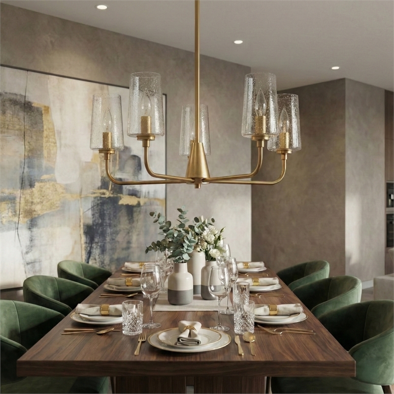 Moderna 5-Light Satin Brass Metal Chandelier with Seeded Glass Shades