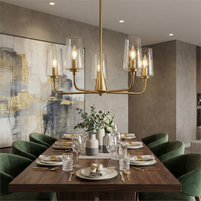 Moderna 5-Light Satin Brass Metal Chandelier with Seeded Glass Shades