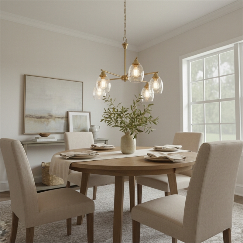 North Gold Brass 5-Light Metal Chandelier with Clear Water Glass Shades