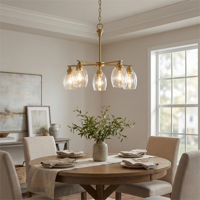 North Gold Brass 5-Light Metal Chandelier with Clear Water Glass Shades