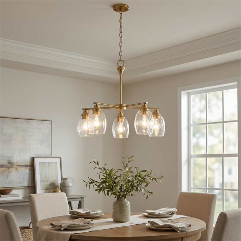 North Gold Brass 5-Light Metal Chandelier with Clear Water Glass Shades