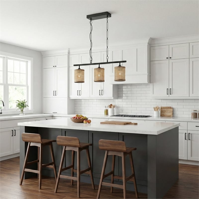 Frigo Three-Light Rattan Pendant Black Lamp Farmhouse Island Light Fixture