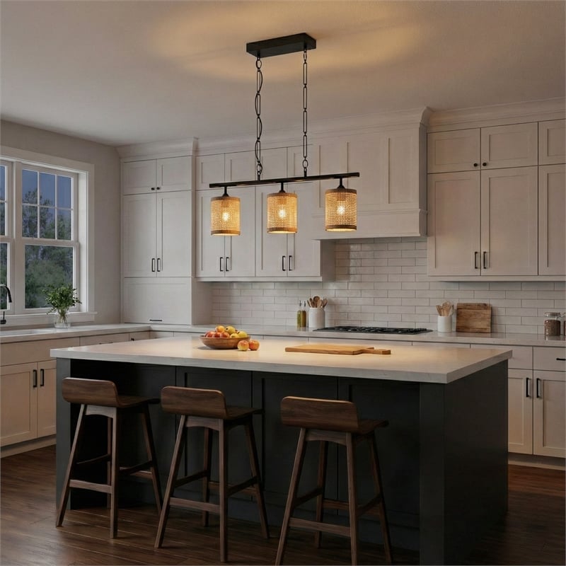 Frigo Three-Light Rattan Pendant Black Lamp Farmhouse Island Light Fixture