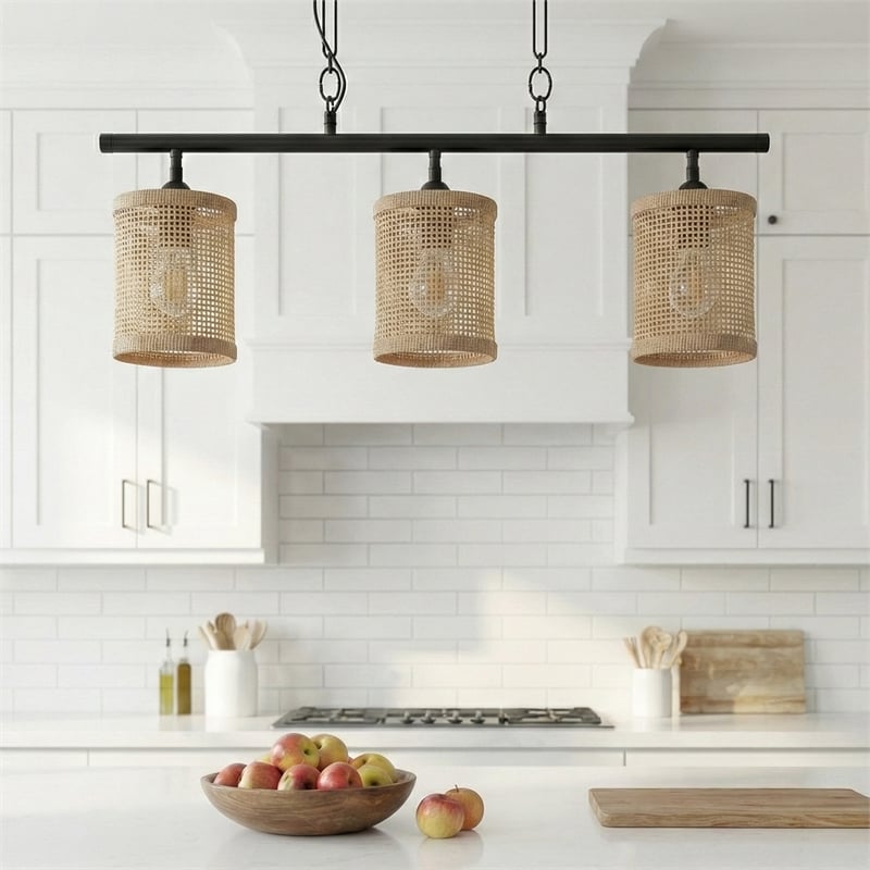 Frigo Three-Light Rattan Pendant Black Lamp Farmhouse Island Light Fixture