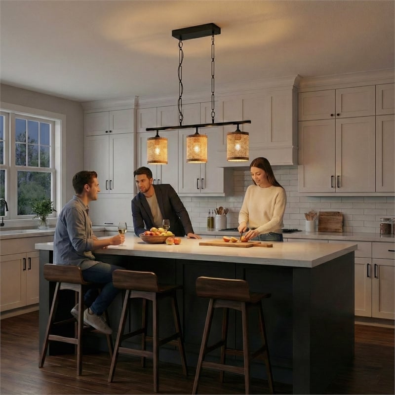 Frigo Three-Light Rattan Pendant Black Lamp Farmhouse Island Light Fixture