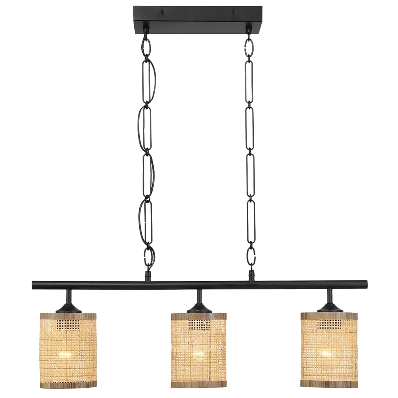 Frigo Three-Light Rattan Pendant Black Lamp Farmhouse Island Light Fixture