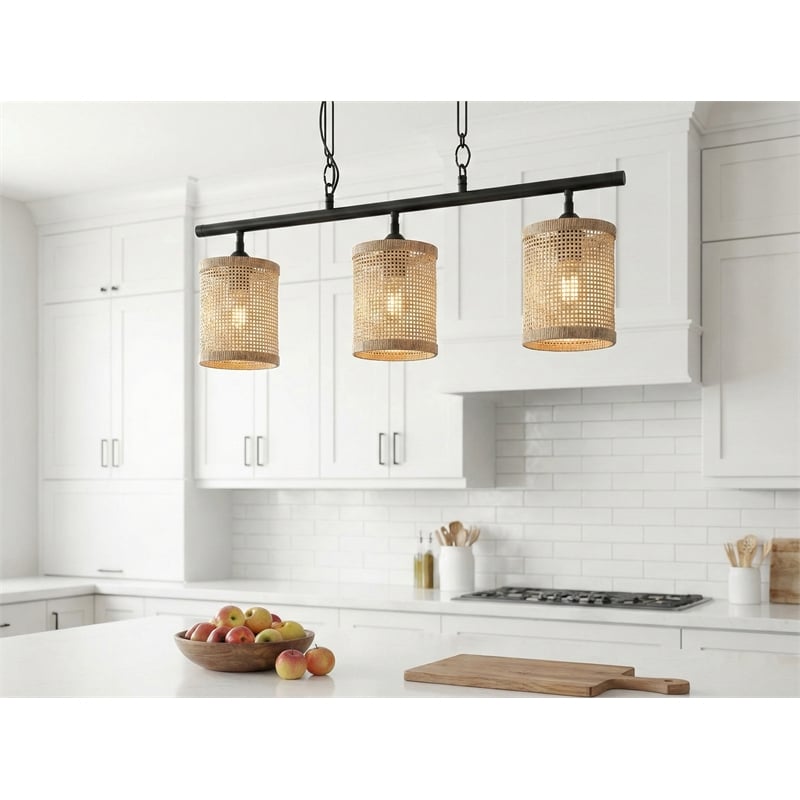 Frigo Three-Light Rattan Pendant Black Lamp Farmhouse Island Light Fixture