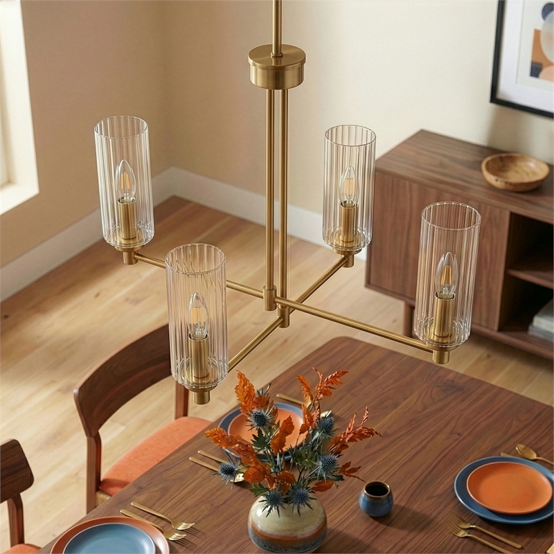 Utana Sophisticated 4-Light Satin Brass Metal Pendant with Ribbed Glass Shades