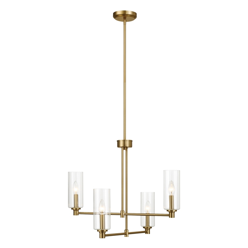 Utana Sophisticated 4-Light Satin Brass Metal Pendant with Ribbed Glass Shades