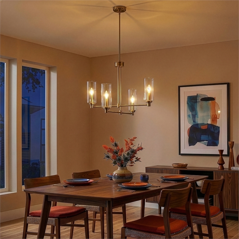 Utana Sophisticated 4-Light Satin Brass Metal Pendant with Ribbed Glass Shades