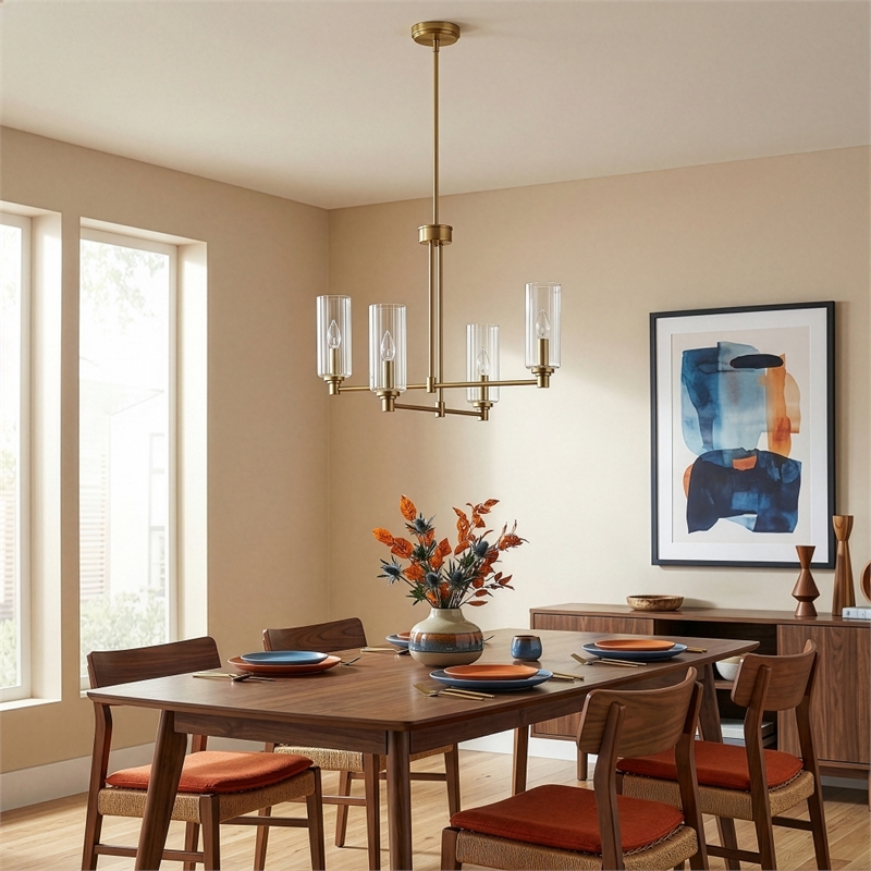 Utana Sophisticated 4-Light Satin Brass Metal Pendant with Ribbed Glass Shades