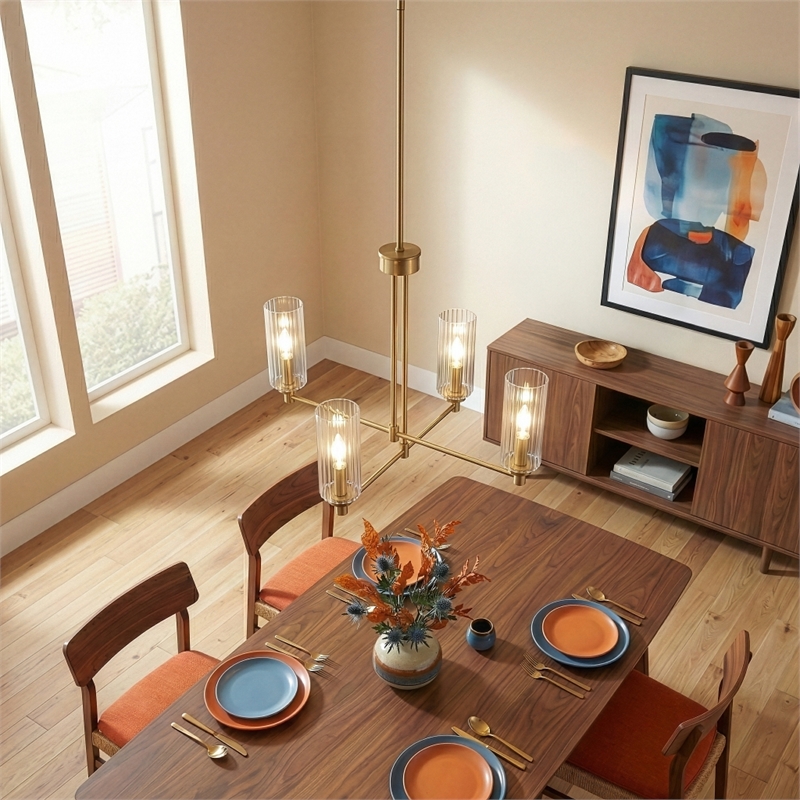 Utana Sophisticated 4-Light Satin Brass Metal Pendant with Ribbed Glass Shades