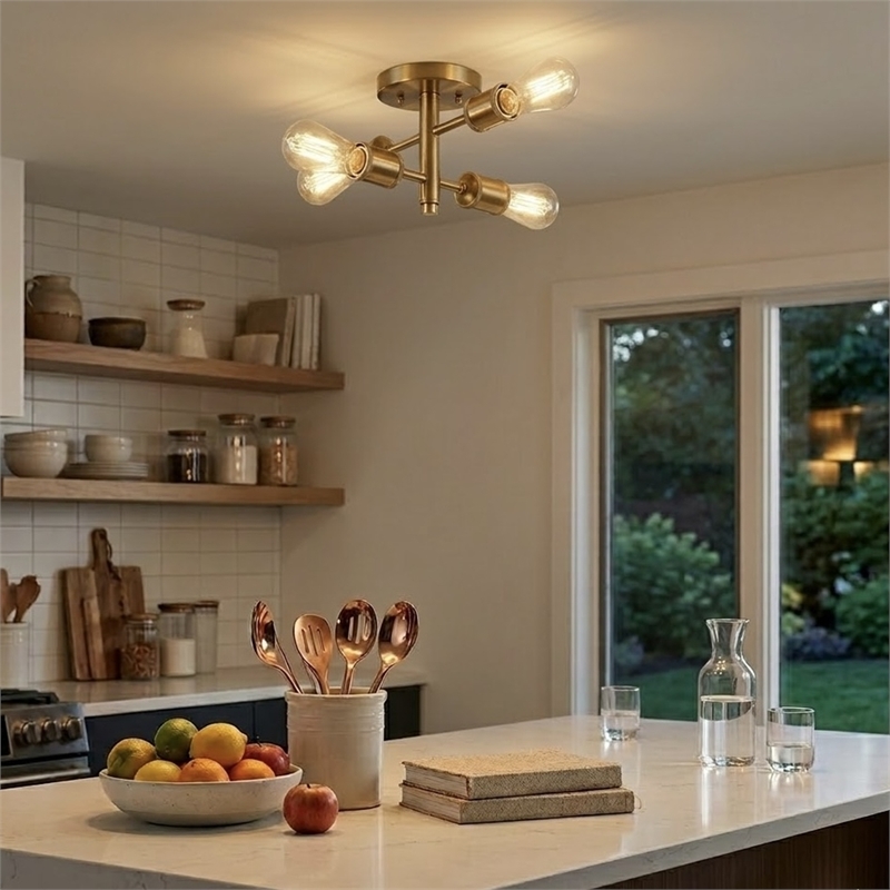 Brighton Gold Metal Brass 4-Light Semi-Flush Mount Ceiling Light