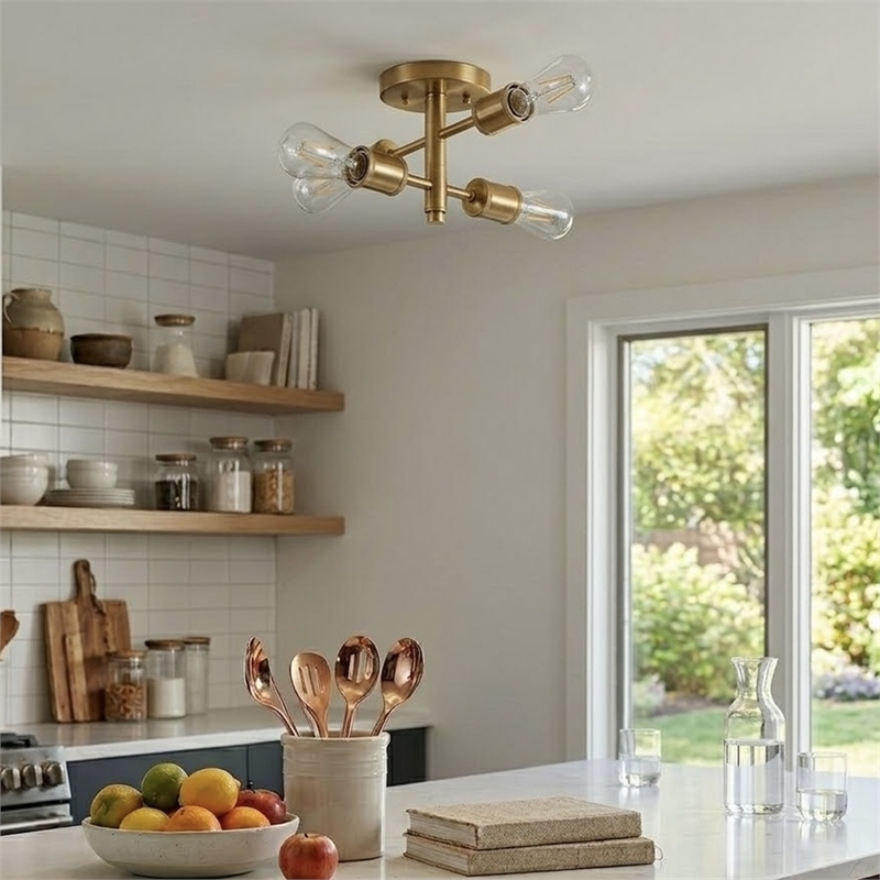 Brighton Gold Metal Brass 4-Light Semi-Flush Mount Ceiling Light