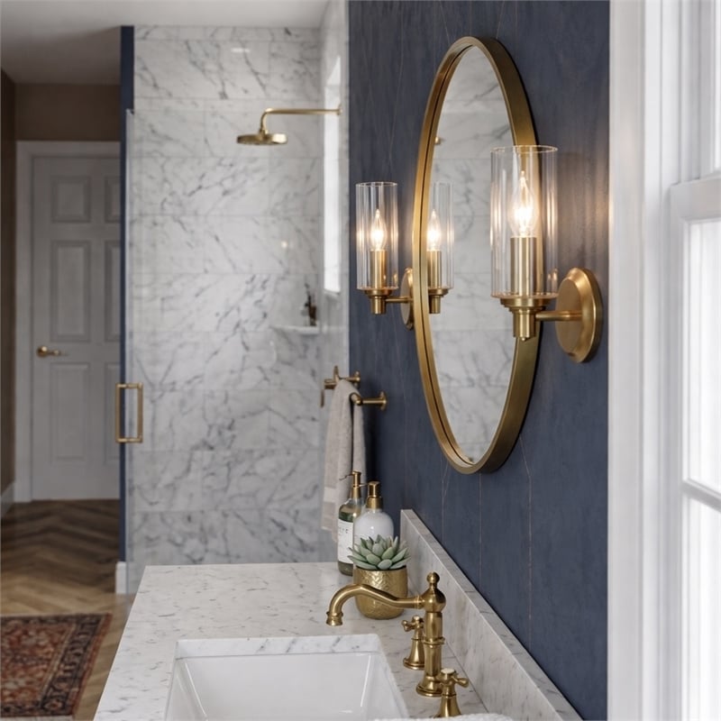 Freda Satin Brass Metal Single-Light Wall Sconce with Clear Ribbed Glass