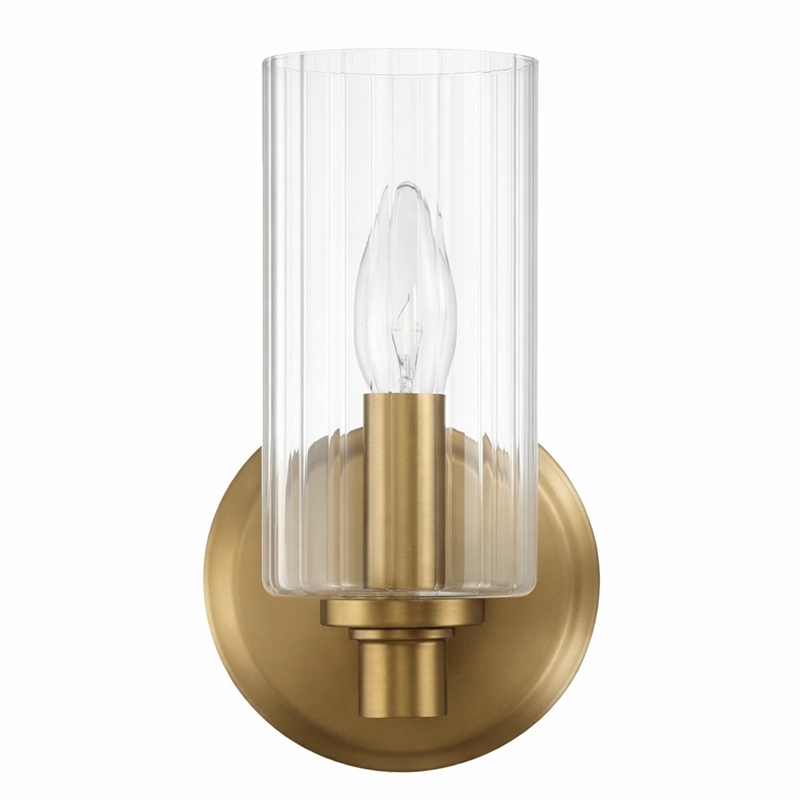 Freda Satin Brass Metal Single-Light Wall Sconce with Clear Ribbed Glass