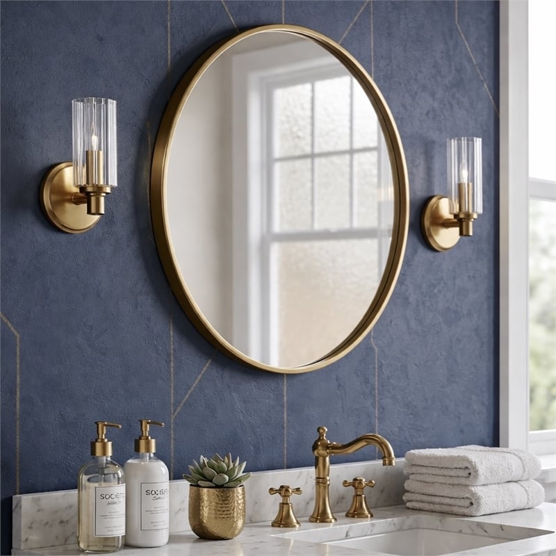 Freda Satin Brass Metal Single-Light Wall Sconce with Clear Ribbed Glass