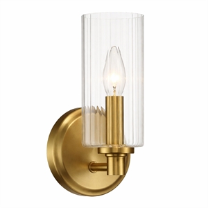Freda Satin Brass Metal Single-Light Wall Sconce with Clear Ribbed Glass