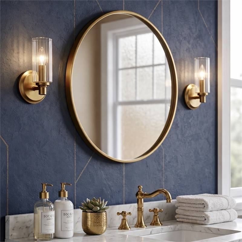 Freda Satin Brass Metal Single-Light Wall Sconce with Clear Ribbed Glass
