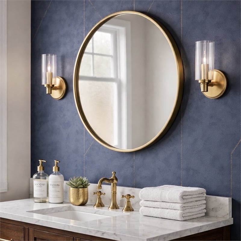 Freda Satin Brass Metal Single-Light Wall Sconce with Clear Ribbed Glass