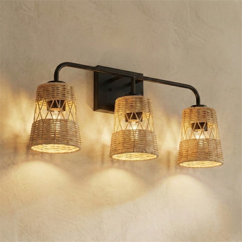 Venti Three-Light Rattan Wall Sconce with Black Metal Finish