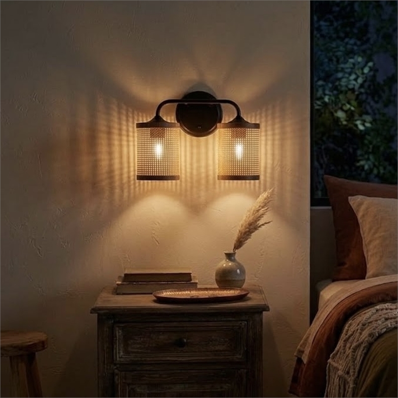 Alur Double Light Vanity Sconce with Rattan Shades and Black Metal Fixture