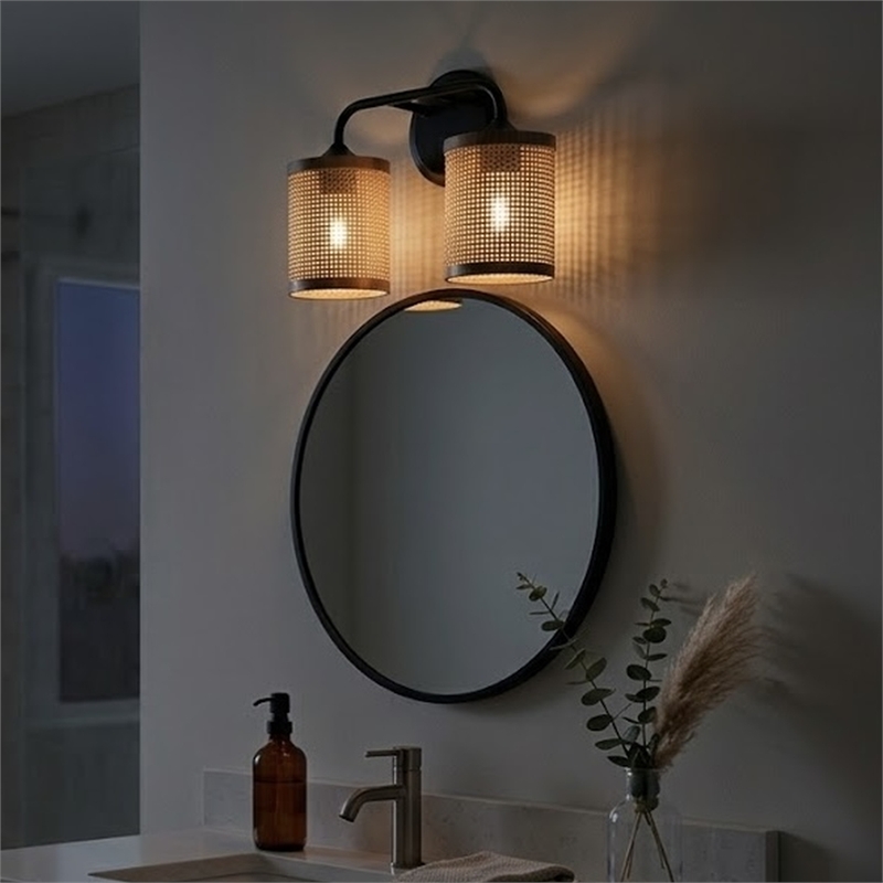 Alur Double Light Vanity Sconce with Rattan Shades and Black Metal Fixture