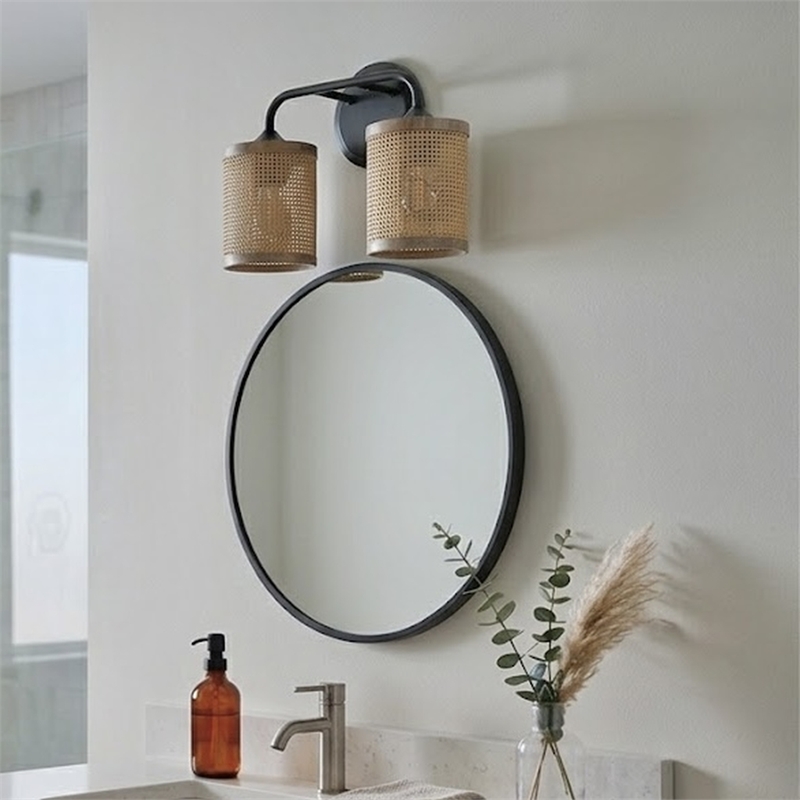 Alur Double Light Vanity Sconce with Rattan Shades and Black Metal Fixture