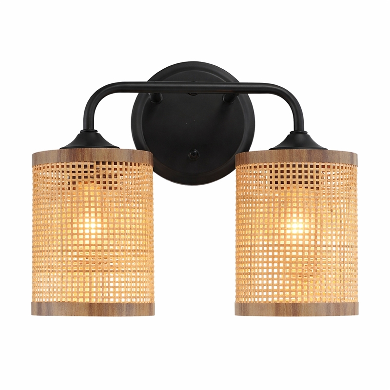 Alur Double Light Vanity Sconce with Rattan Shades and Black Metal Fixture