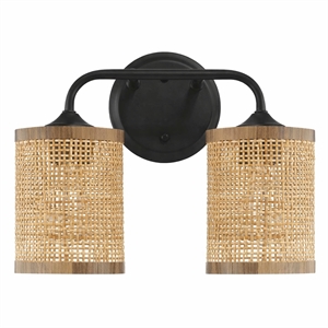 Alur Double Light Vanity Sconce with Rattan Shades and Black Metal Fixture