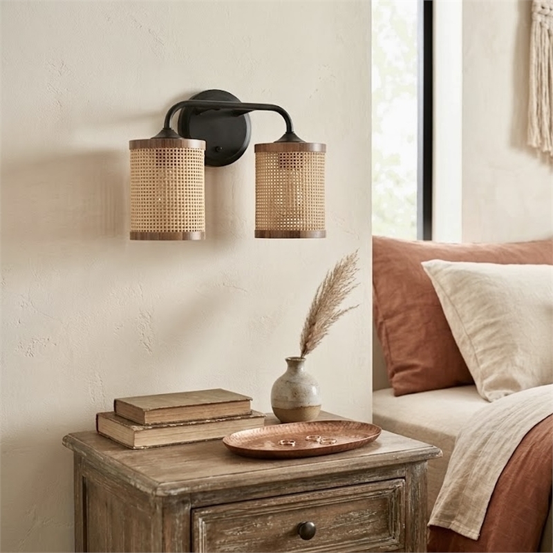 Alur Double Light Vanity Sconce with Rattan Shades and Black Metal Fixture
