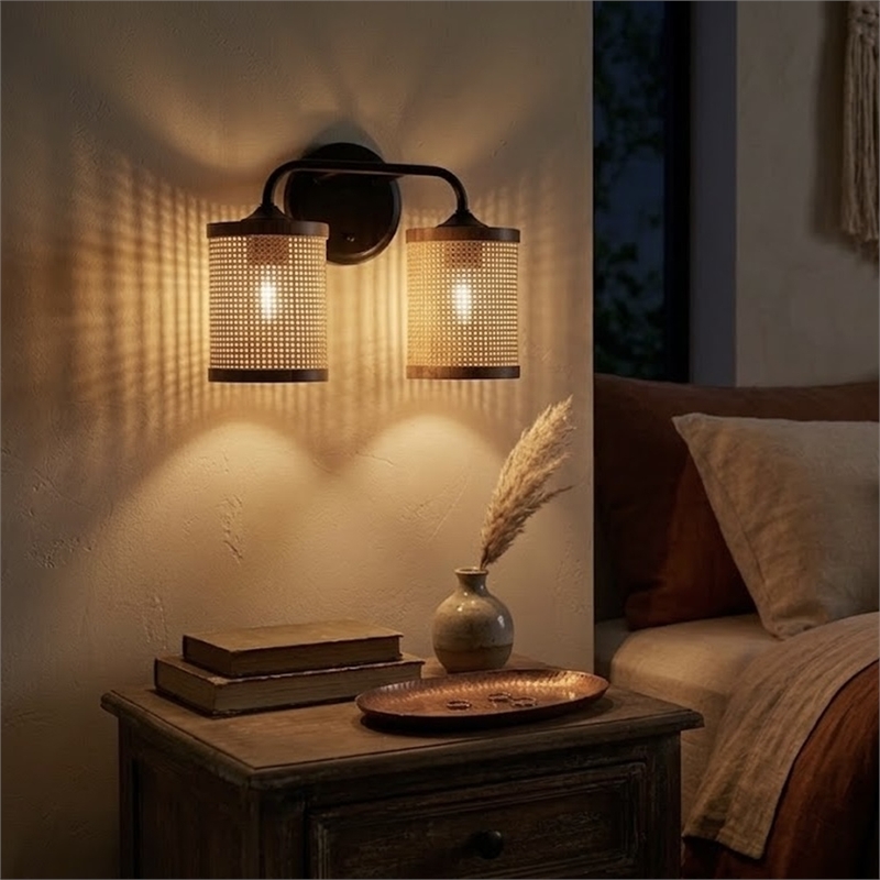 Alur Double Light Vanity Sconce with Rattan Shades and Black Metal Fixture