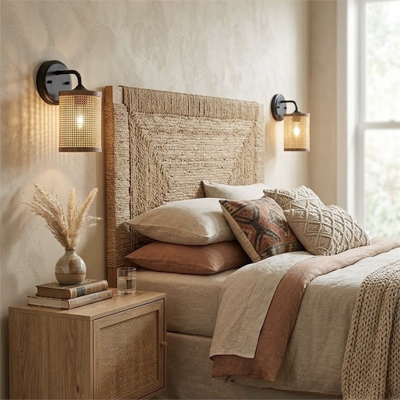 Zena 1-Light Rattan Wall Sconce with Black Metal Finish