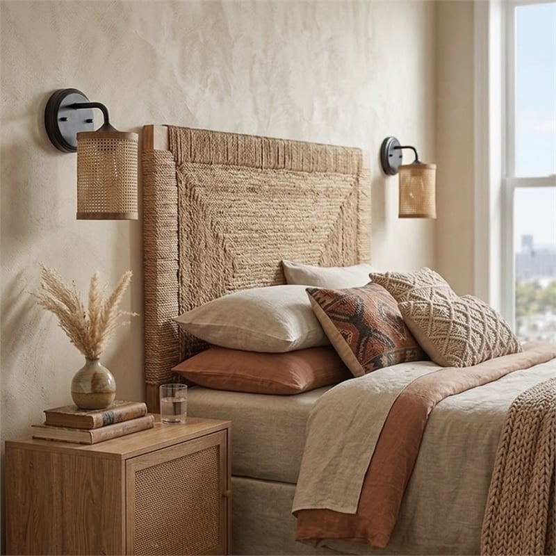 Zena 1-Light Rattan Wall Sconce with Black Metal Finish