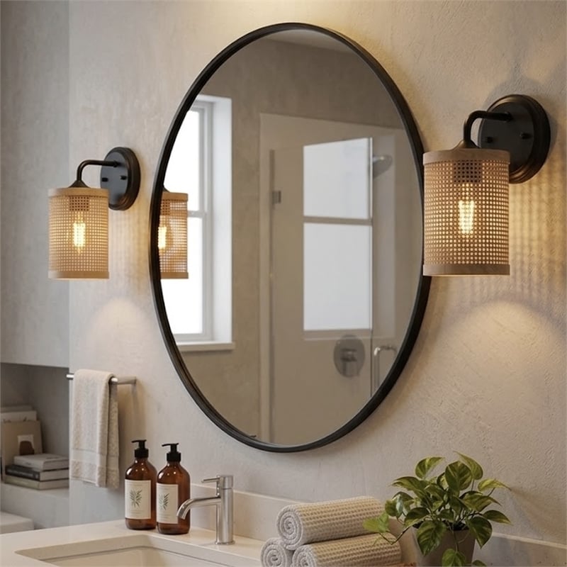 Zena 1-Light Rattan Wall Sconce with Black Metal Finish